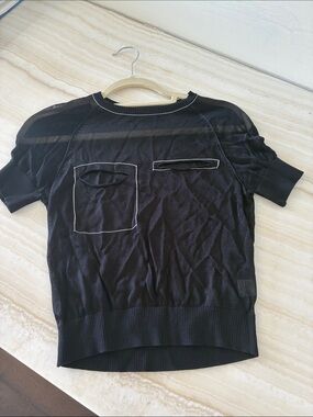 Nasty Gal Black Short-Sleeve Sheer Knit Top with Contrast Pocket Trim